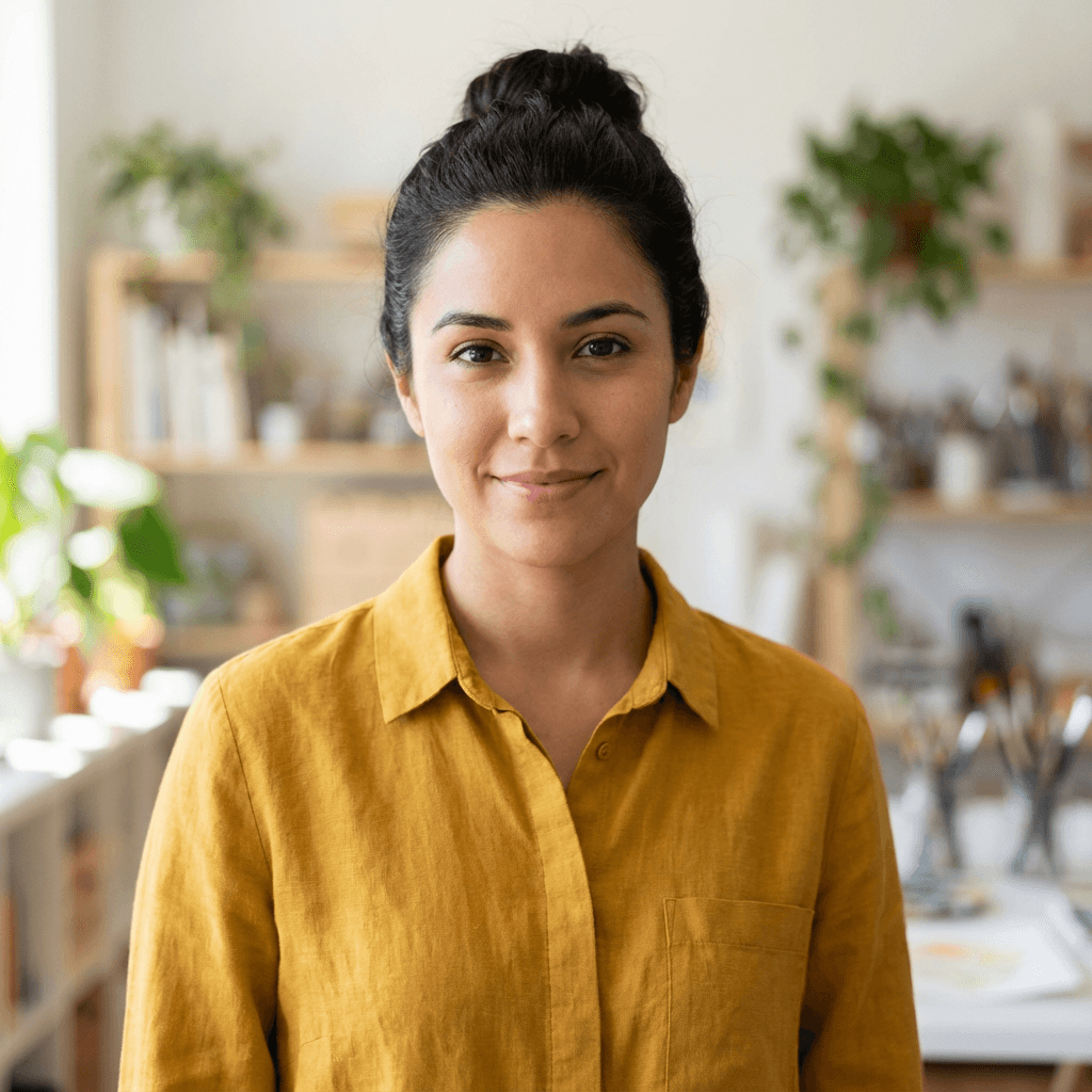 Female personal injury client in her early 30s, Hispanic, genuine and calm demeanor, suitable for legal client testimonial