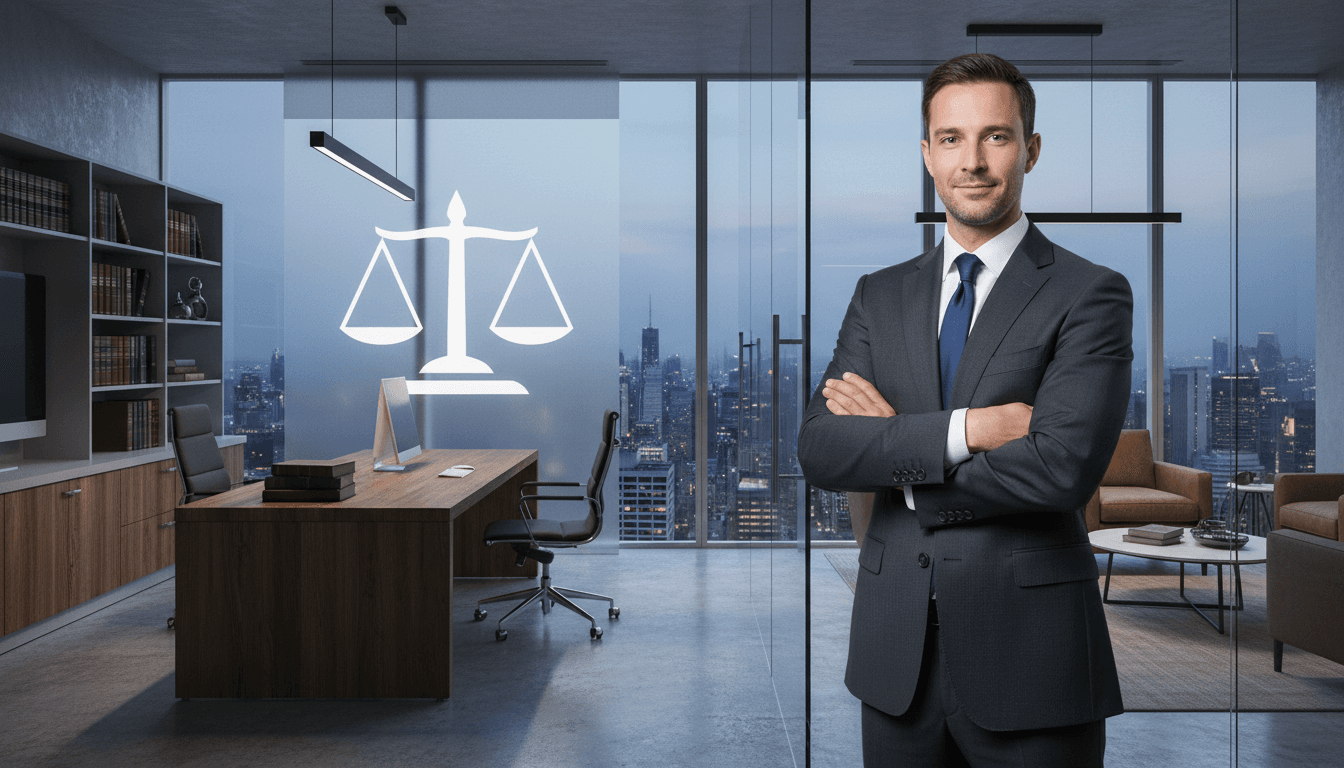 Professional lawyer in a suit standing in a modern law office