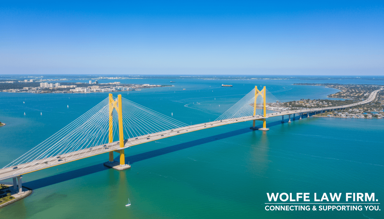 Aerial view of Sunshine Skyway Bridge over turquoise Tampa Bay waters under a blue sky.