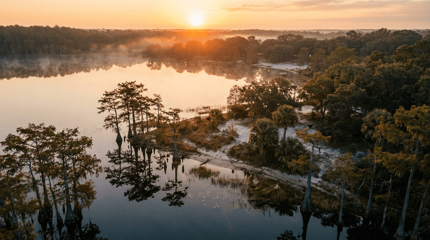 Golden hour lake view with cypress trees and reflective water surface, soft mist and warm lighting