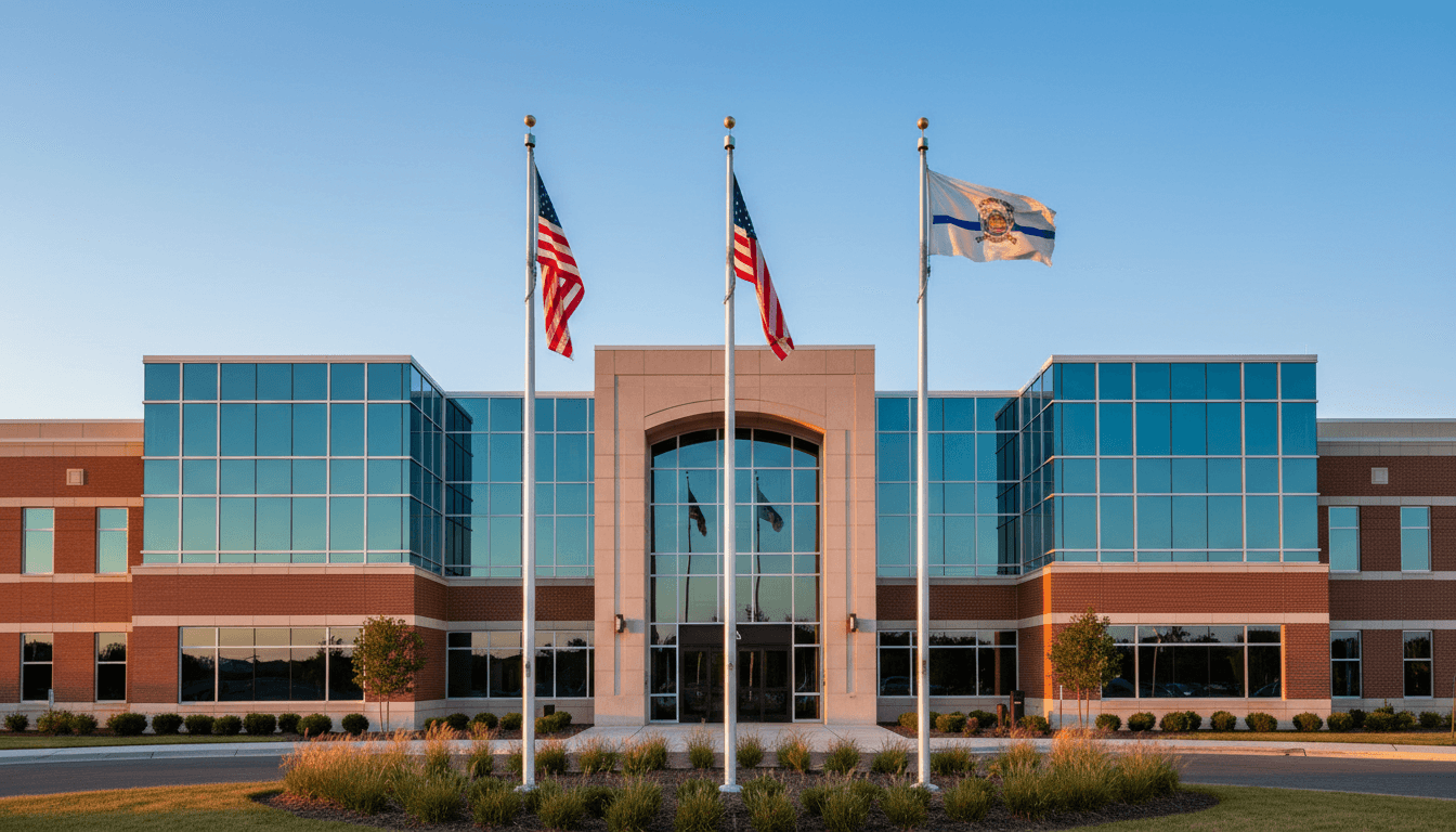 Courthouse building exterior in a Florida city with palm trees and blue sky