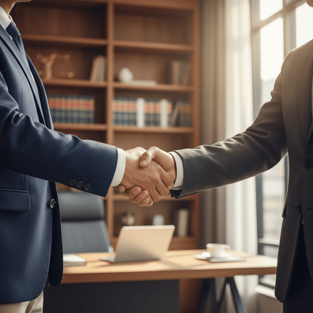 Two people shaking hands in a professional law office with warm lighting