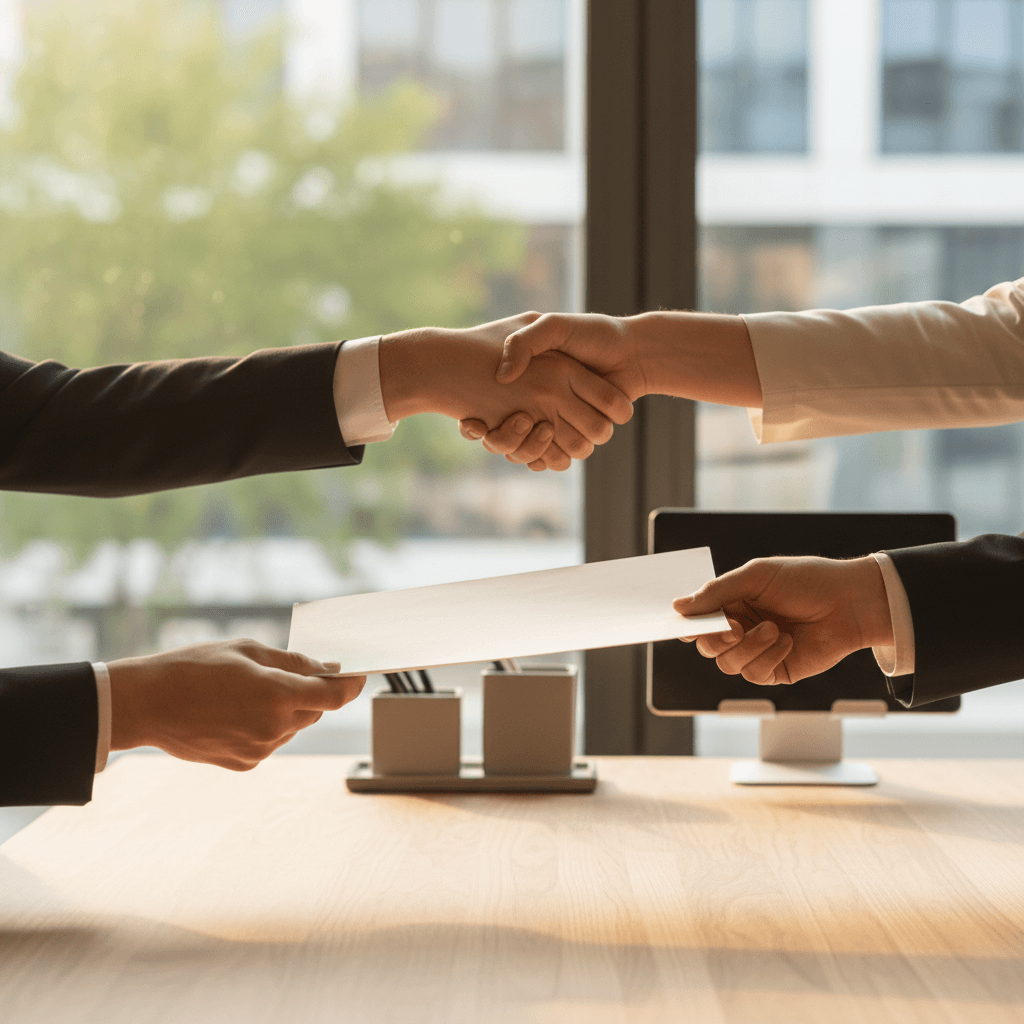 Attorney and client shaking hands in a law office