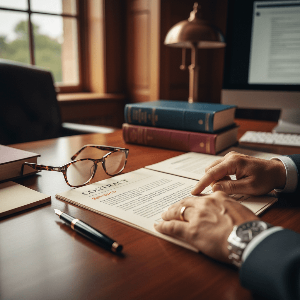Solo attorney reviewing legal paperwork in a private office