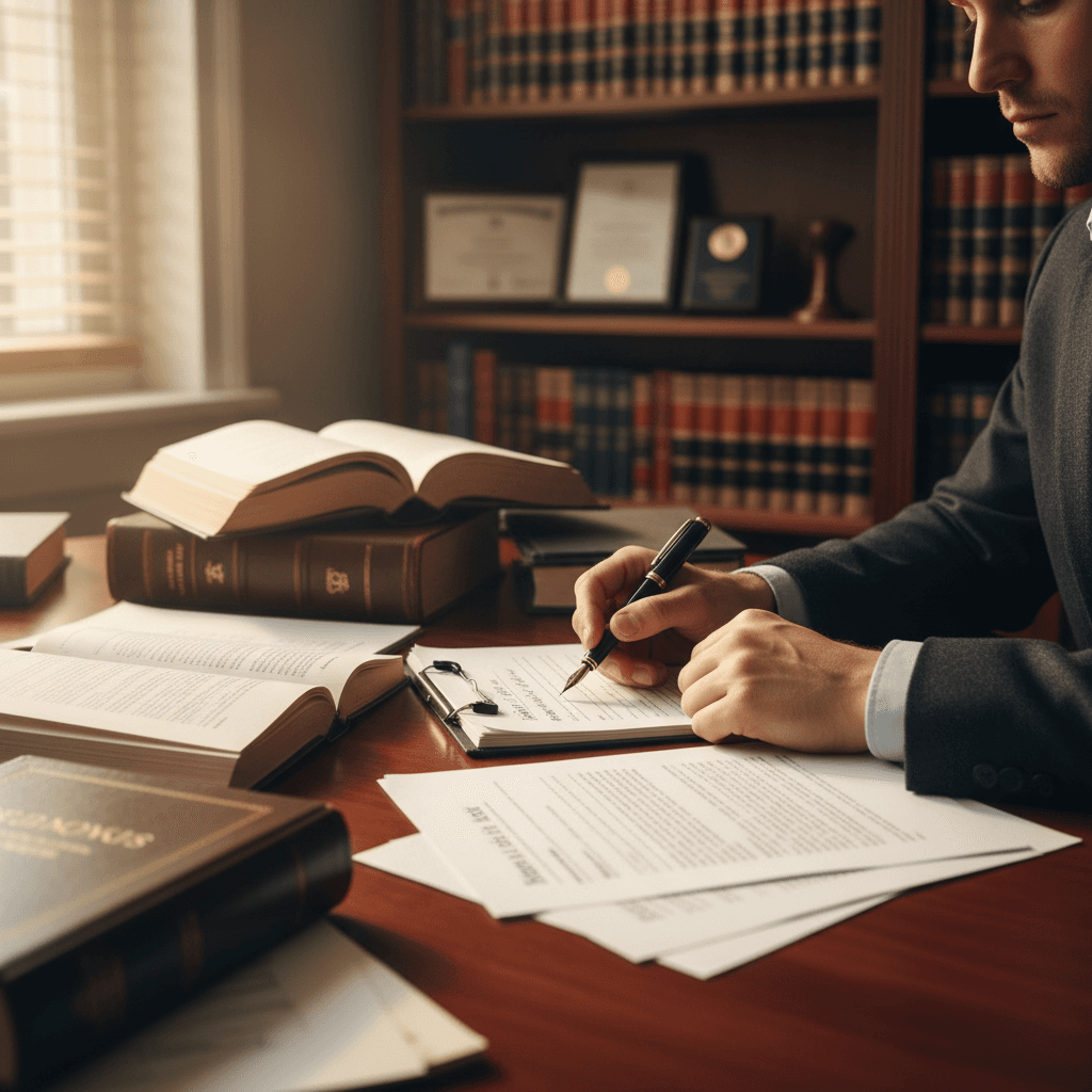 Open legal case file and documents on an attorney's desk