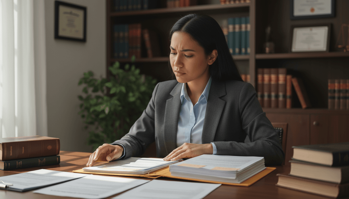 Older experienced lawyer sitting at desk reviewing legal documents with focused expression in a warm law office