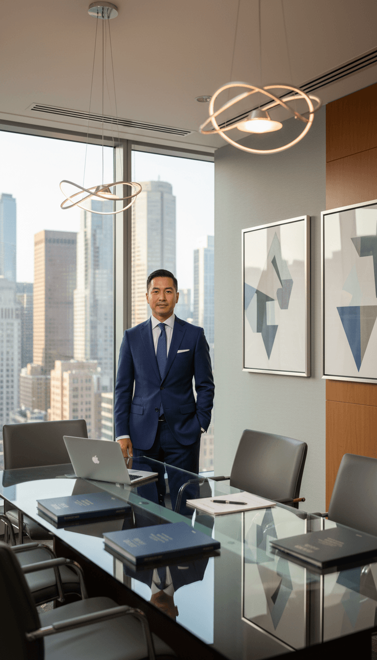 Professional male lawyer in his 50s speaking on cell phone in a clean modern office with natural light