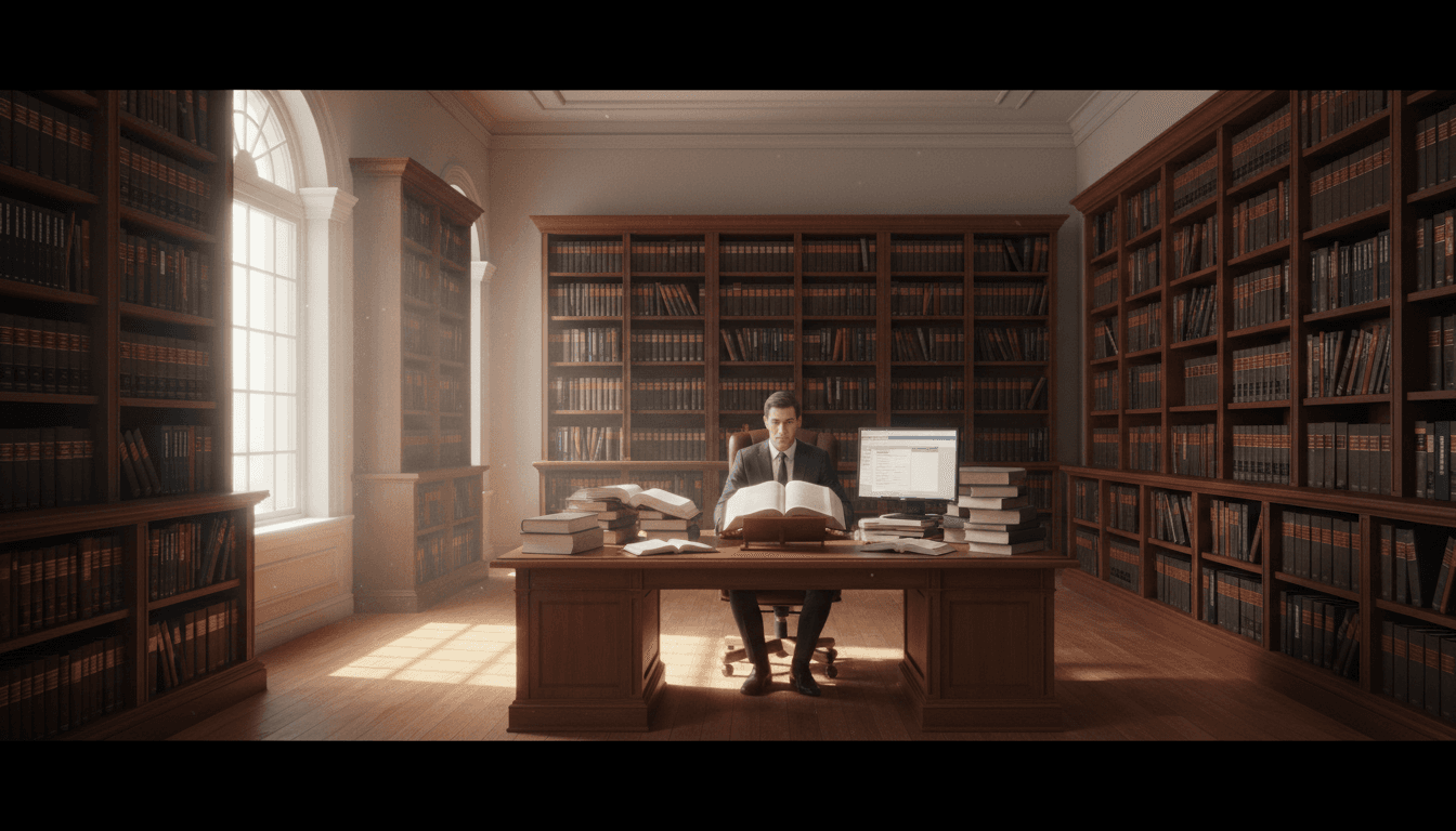 Legal professional working in comprehensive library surrounded by law books and administrative procedure guides
