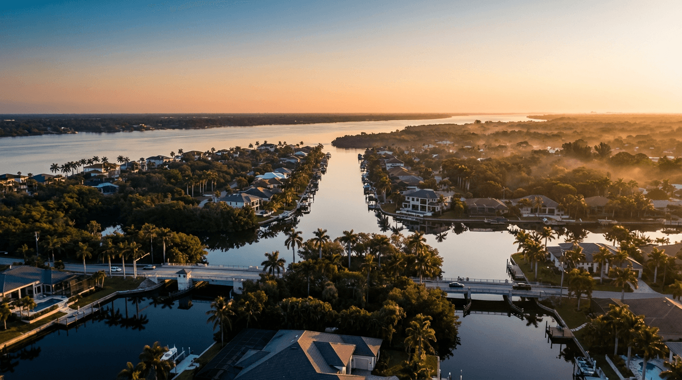 Aerial view of Clearwater Florida coastline with waterfront homes and boats on clear blue water