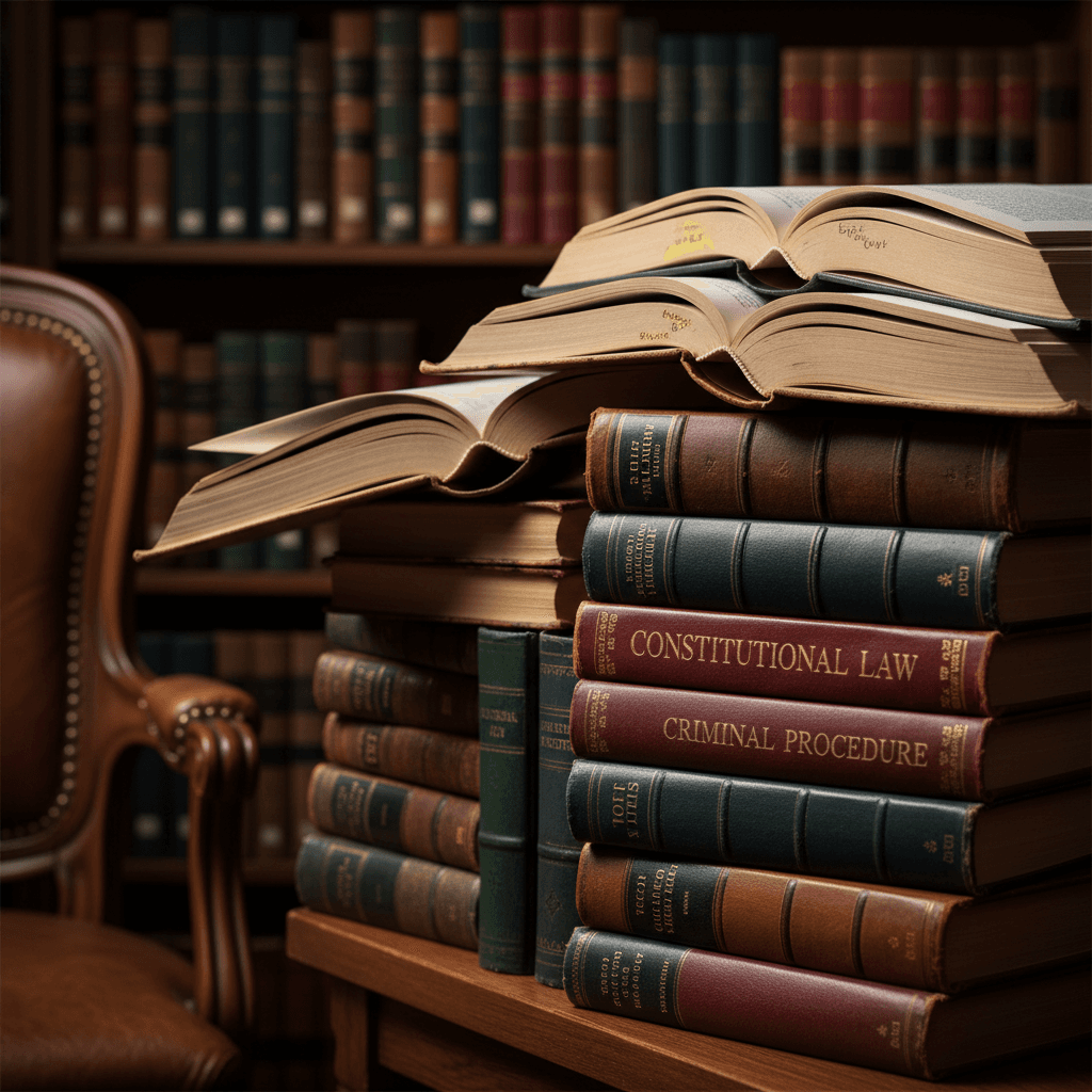 Stack of leather-bound law books with golden lettering on wooden shelf, showing worn spines and used pages