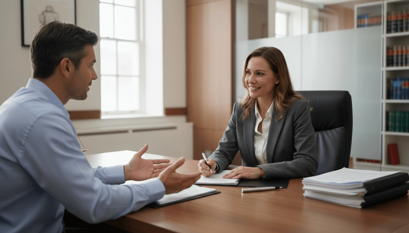 Lawyer in a suit meeting with a client in a comfortable private office setting